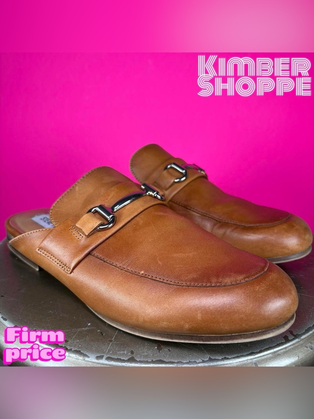 Steve Madden Kandi Cognac Leather Metal Horsebit Mule Loafer US 7.5